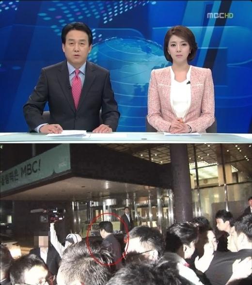 권재홍 앵커 부상 소식을 전하는 '뉴스데스크' 화면 캡처(사진 위)와 노조에서 공개한 16일 당시 동영상 캡처. 동그라미 안이 권재홍 앵커
