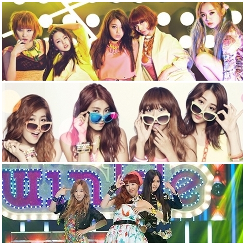 위부터 원더걸스, 씨스타, 소녀시대 태티서