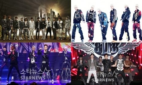 EXO(왼쪽 위부터 시계방향), B.A.P, 비투비, 뉴이스트 