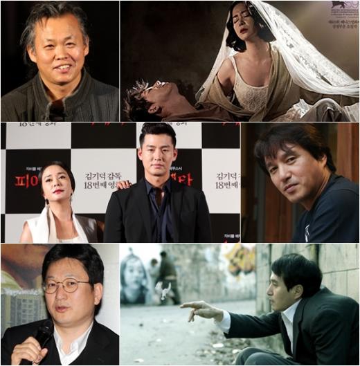 사진 왼쪽 위부터 '피에타'의 김기덕 감독과 영화 포스터, '피에타' 주연배우 조민수와 이정진, '무게'의 조재현, '무게' 전규환 감독과' 영화 스틸