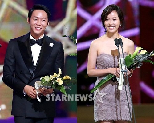 2012 서울드라마어워즈 한류드라마 부문 남녀배우상을 수상한 박유천(왼쪽)과 한지민 ⓒ사진=홍봉진 기자
