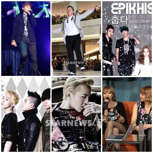 왼쪽 위부터 시계방향으로 세븐, 싸이, 에픽하이, 2NE1, 지드래곤, 빅뱅
