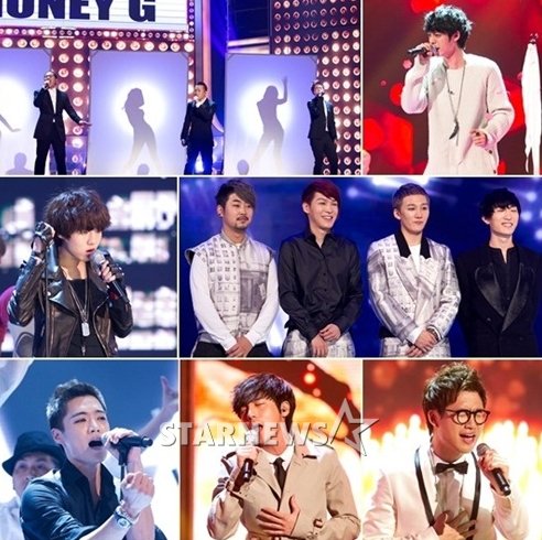 '슈스케4' 톱7. 왼쪽 위부터 시계방향으로 허니지, 정준영, 딕펑스, 홍대광, 로이킴, 김정환, 유승우 ⓒ'슈스케4' 화면 캡처