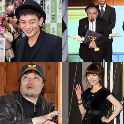 (왼쪽 위부터 시계방향) 배우 유아인, 작곡가 김형석, 가수 레이디제인, 만화가 강풀 ⓒ사진=스타뉴스