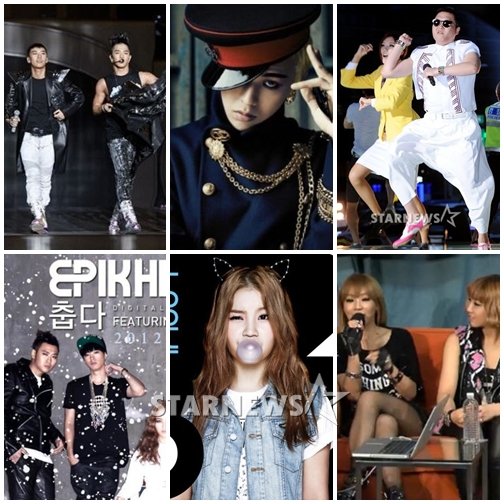 YG 소속 가수들. 왼쪽 위부터 시계방향으로 빅뱅, 지드래곤, 싸이, 2NE1, 이하이, 에픽하이