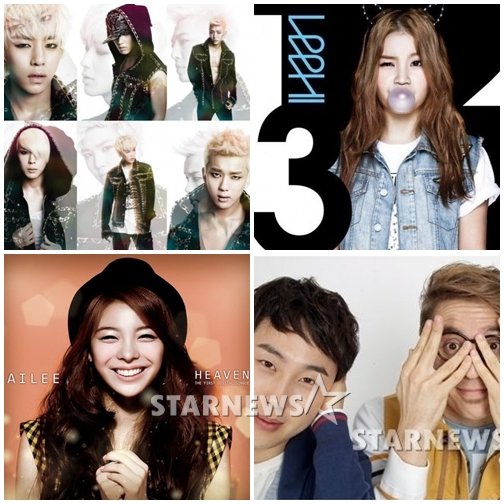왼쪽위부터 시계방향으로 B.A.P, 이하이, 버스커버스커, 에일리