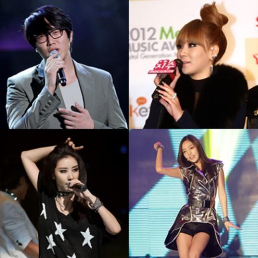 (왼쪽 위부터 시계방향) 가수 성시경, 2NE1 멤버 씨엘, 카라 멤버 구하라, 김완선 ⓒ사진=스타뉴스