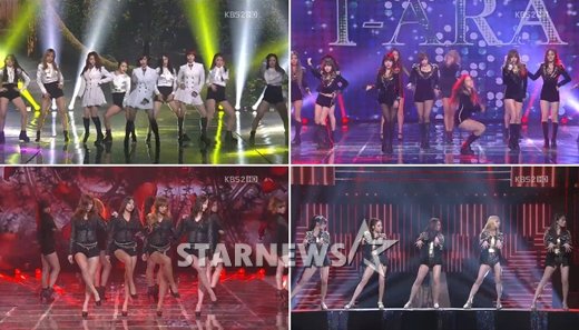 시크릿, 티아라, 카라, 씨스타(좌측 맨 위부터 시계방향)<사진=KBS 2TV 2012 KBS 가요대축제 방송화면 캡처>