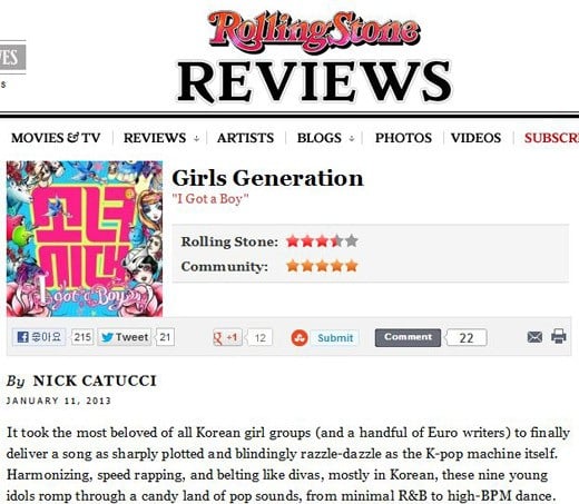 롤링스톤에 소개된 소녀시대