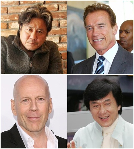 최민식 아놀드 슈왈제네거 성룡 브루스 윌리스(왼쪽위부터 시계뱡향) ⓒ사진=스타뉴스, 네이버 영화