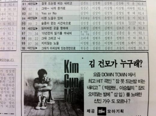 \'신인가수\' 김건모를 소개한 한국DJ클럽 1992년 10월 넷째주 주간차트. \'잠못드는 밤 비는 내리고\'가 91위에 새로 진입했다.