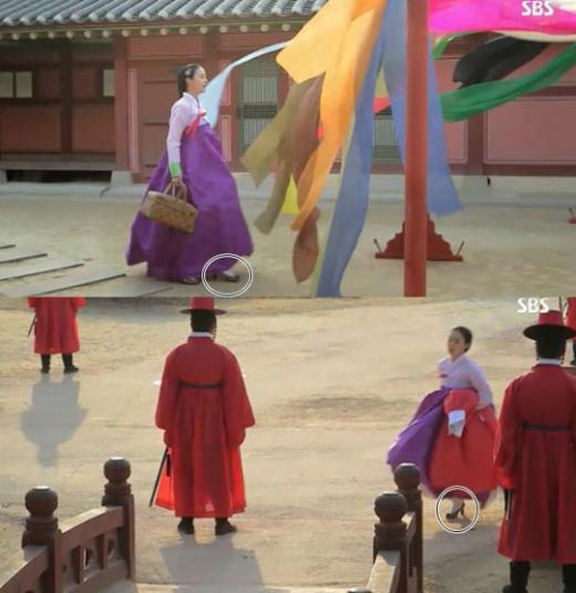 ⓒSBS 드라마 '장옥정, 사랑에 살다'의 주인공 김태희가 높은 굽의 꽃신을 신고 뛰는 화면 캡쳐