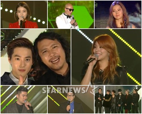  아이유 홍석천 김예림 수호와 육중완 에일리 최자 신사동호랭이 비스트(위부터 왼쪽에서 오른쪽으로) / 사진출처=MBC뮤직 '2013 MMA' 생방송 화면 캡처
