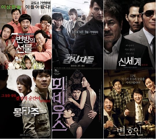 NEW의 2013년 주요 배급작 '7번방의 선물', '감시자들', '신세계', '몽타주', '뫼비우스', '변호인' / 사진=포스터