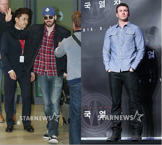 3일 인천공항을 통해 입국한 크리스 에반스(사진 왼쪽)과 지난해 7월 '설국열차' 기자회견에 참석한 크리스 에반스. 사진=머니투데이 스타뉴스