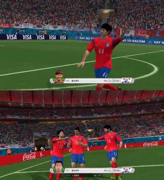'FIFA온라인3'로 진행한 CPU간 가상의 월드컵에서 알제리전 골을 터트린 손흥민(위)과 김신욱(아래). /사진=넥슨 제공영상 캡처<br /><br />
<br /><br />
