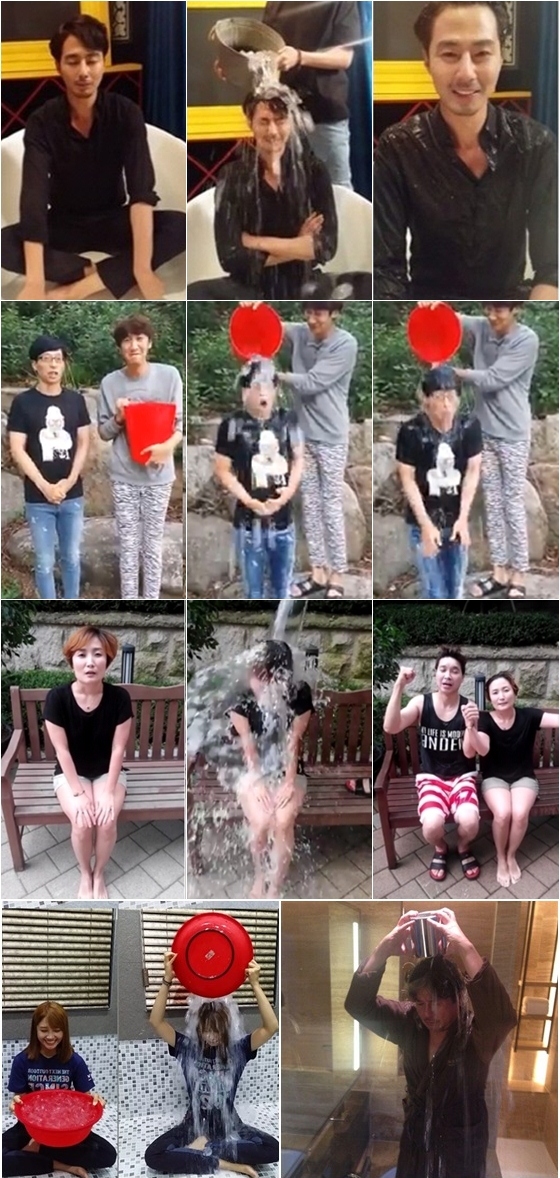 사진 위부터 아래로 아이스버킷챌린지에 나선 조인성, 유재석, 박경림과 박수홍, 정은지, 최민식 / 사진=트위터, 유튜브, 페이스북