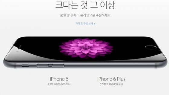 한국 애플스토어가 아이폰6와 아이폰6 플러스의 가격을 공개하고 예약판매를 시작했다./사진=애플스토어 홈페이지 캡쳐