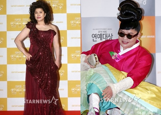 2013 KBS 연예대상 시상식의 이영자(왼쪽)와 2014 KBS 연예대상 시상식의 이영자 /사진=스타뉴스