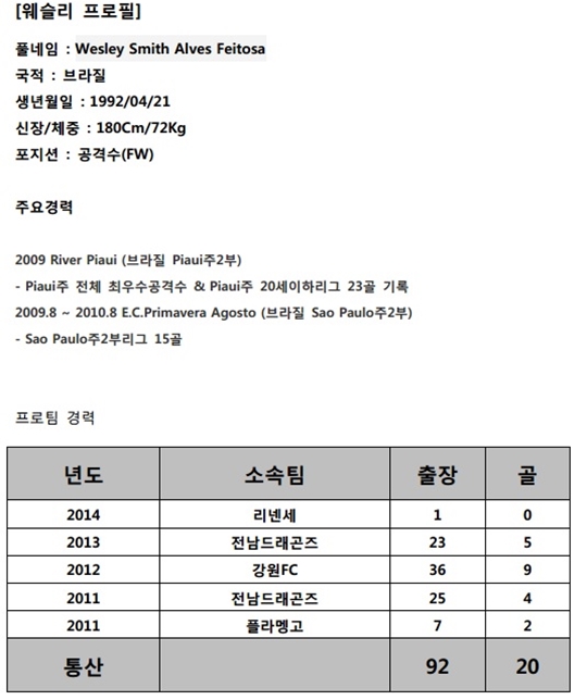 웨슬리 프로필. /표=부산 아이파크 제공