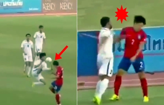 미샤리도프가 발을 높게 드는 장면(왼쪽) 및 샴시티노프가 심상민을 폭행하는 장면. /사진 및 GIF=유튜브 중계 영상 캡쳐, 편집<br /><br />
<br /><br />

