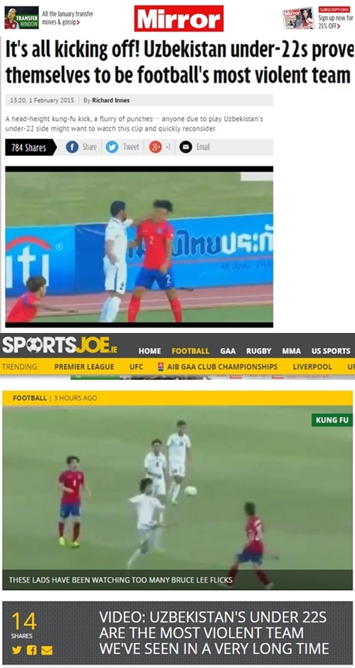 외신들도 우즈베키스탄의 \'폭력 축구\'를 맹렬하게 비판했다. /사진=미러지 및 스포츠조 홈페이지 캡쳐