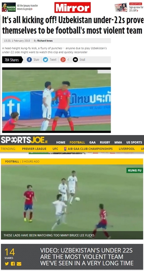 외신들도 우즈베키스탄의 '폭력 축구'를 맹렬하게 비판했다. /사진=미러지 및 스포츠조 홈페이지 캡쳐<br /><br />
<br /><br />

