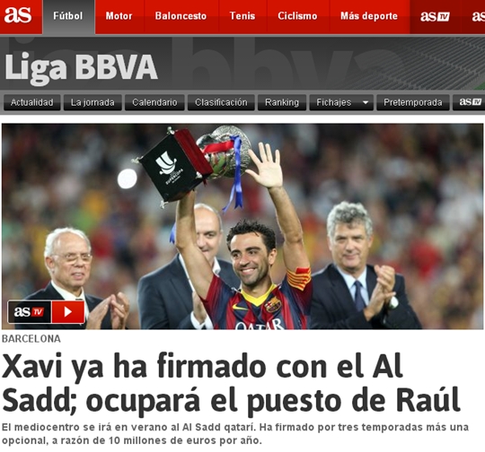스페인 언론 AS가 사비의 알 사드 계약설을 보도했다. /사진=AS 공식 홈페이지 캡쳐