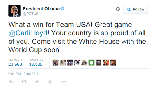 미국 여자 축구 대표팀의 월드컵 우승을 축하한 오바마 대통령. /사진=오바마 대통령 트위터 캡처