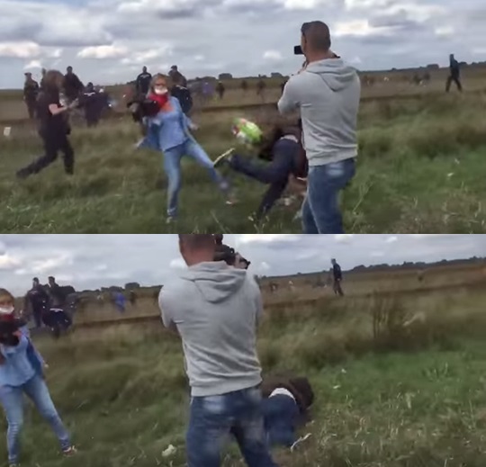 이달 초 헝가리 난민수용소에서 도망치던 도중 헝가리 방송 여기자의 발길질에 걸려 넘어진 모센. /사진=유튜브 영상 캡처
