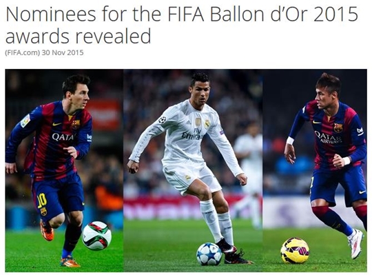 FIFA가 메시, 호날두, 네이마르 3명을 2015 발롱도르 최종 후보자로 발표했다./사진=FIFA 홈페이지