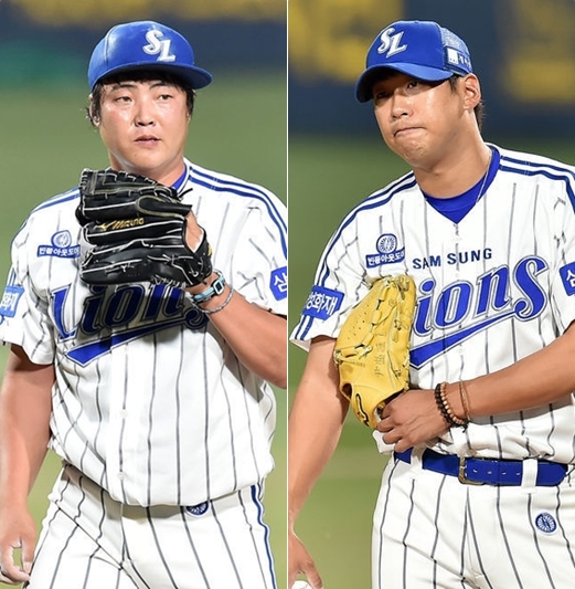 삼성 안지만(왼쪽), 윤성환(오른쪽).<br /><br />
<br /><br />
