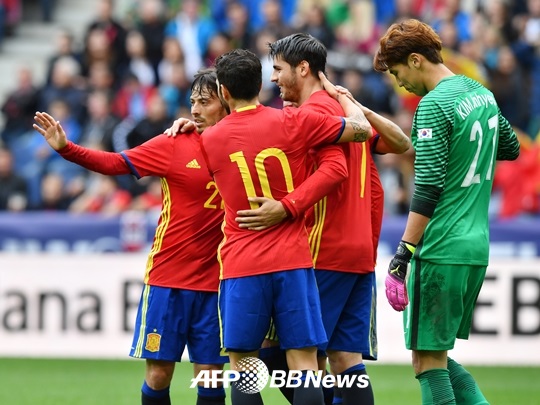 스페인과의 평가전에서 6실점한 김진현(오른쪽). /AFPBBNews=뉴스1