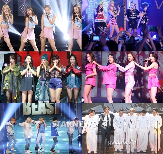 카라, 2NE1, 미쓰에이, 젝스키스, 비스트, 포미닛((사진 맨 왼쪽부터 시계방향)/사진=스타뉴스