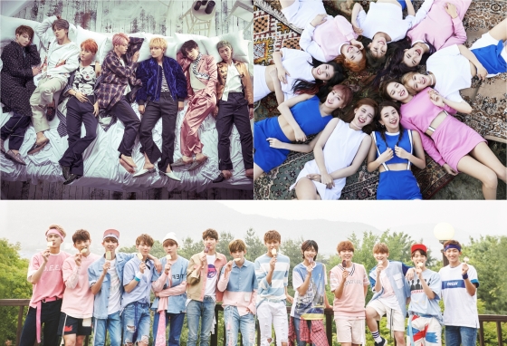 방탄소년단, 트와이스, 세븐틴(왼쪽 위부터 시계방향)
