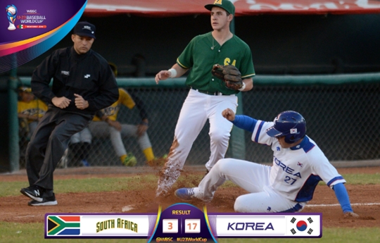 한국이 남아공을 대파했다. /사진=WBSC 공식 트위터 캡쳐<br /><br />
<br /><br />
