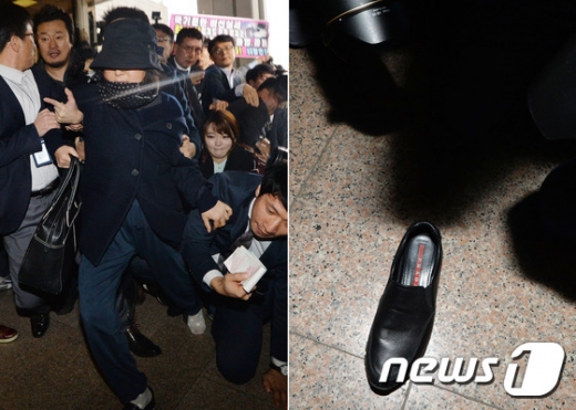 검찰에 출두하는 최순실씨와 벗겨진 구두 / 사진=뉴스1