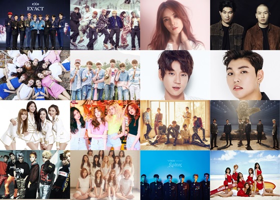 2016 Asia Artist Awards 가수 부문 참가자들. 엑소, 방탄소년단, 거미, 다이나믹듀오, 트와이스, 세븐틴, 황치열, 한동근, 마마무, 블랙핑크, 블락비, B.A.P, NCT127, 우주소녀, 빅스, AOA(위부터)