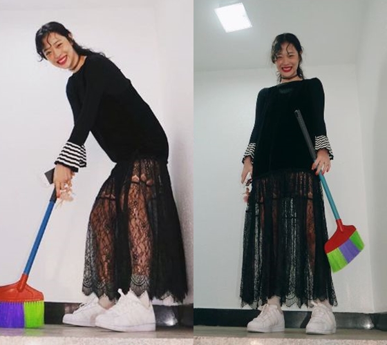 빗자루를 들고 사진 포즈를 취하고 있는 연예인 설리(왼쪽/ 출처=최자 인스타그램)와 자신의 인스타그램에 설리가 게재한 빗자루 들고 있는 자신의 모습(출처=설리 인스타그램)
