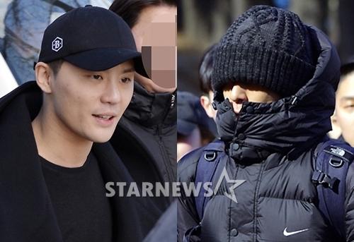 지난 9일 충남 논산 육군훈련소 입소 당시의 김준수(왼쪽)와 탑 / 사진=스타뉴스