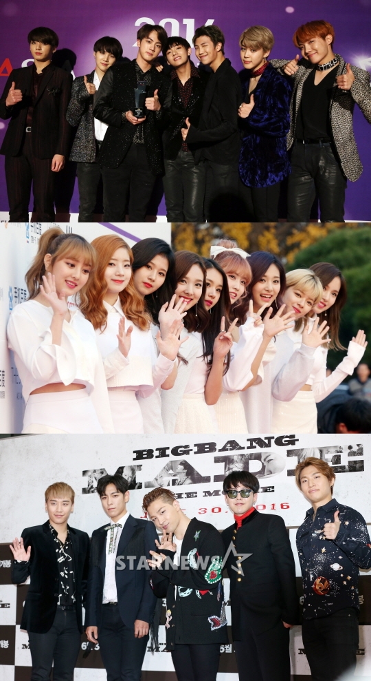 방탄소년단 트와이스 빅뱅(위부터) / 사진=스타뉴스