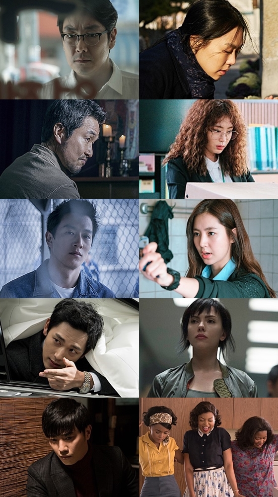 사진 왼쪽 위부터 아래로 '해빙'의 조진웅, '밤의 해변에서 혼자'의 김민희, '프리즌'의 한석규, '비정규직 특수요원'의 강예원, '프리즌'의 김래원, '비정규직 특수요원'의 한채아, '원라인'의 임시완, '공각기동대:고스트 인 더 쉘'의 스칼렛 요한슨, '원라인'의 진구, '히든 피겨스'의 자넬 모네, 타라지 P.헨슨, 옥타비아 스펜서/ 사진=영화 스틸컷