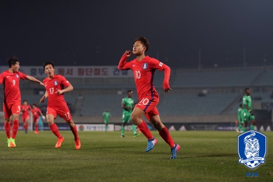 잠비아전에서 2골을 기록한 이승우(가운데) /사진=대한축구협회 제공