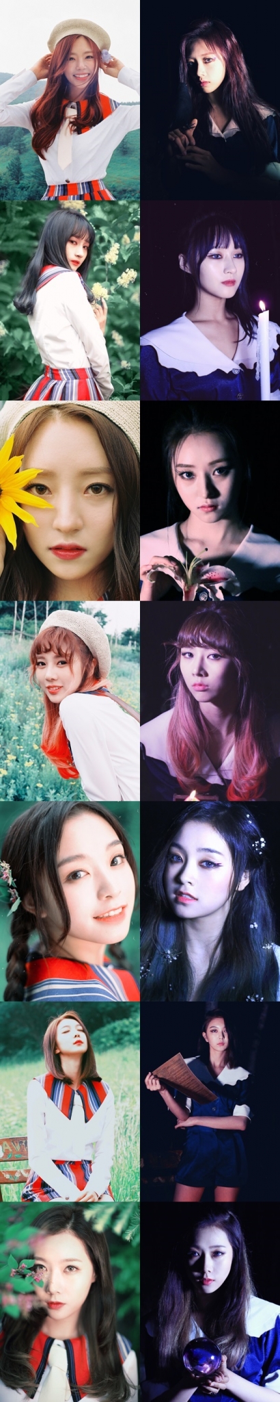 드림캐쳐 '비포'(왼쪽)와 '애프터'. 소녀들은 거미를 죽이고 나서 악몽으로 변했다. 위부터 지유, 시연, 수아, 유현, 가현, 다미, 한동 /사진=해피페이스엔터테인먼트