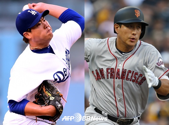 LA 다저스의 류현진과 샌프란시스코 자이언츠의 황재균. /AFPBBNews=뉴스1