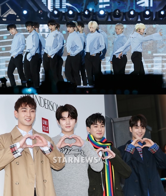 세븐틴(위)과 뉴이스트W. /사진=김휘선 기자<br /><br />
<br /><br />

