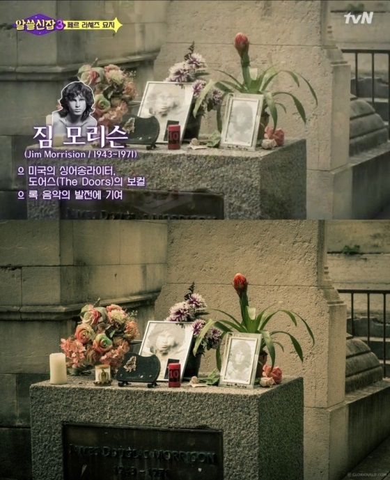 tvN \'알쓸신잡3\'에서 방송한 페르 라세즈 묘지 화면, 전영광 사진작가가 촬영했닥고 주장하는 사진(사진 아래)/사진=온라인 커뮤니티