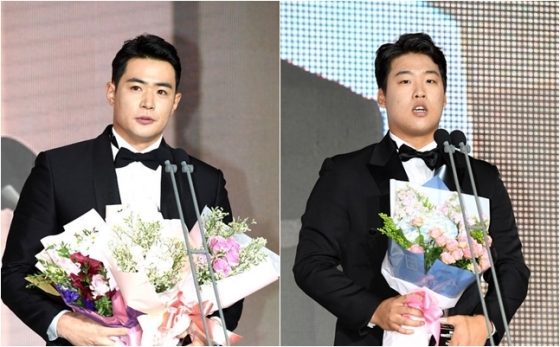 MVP 수상자 김재환, 신인상 수상자 강백호(왼쪽부터)