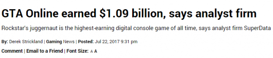 \'GTA 5\' 온라인은 2017년 기준으로 10억 9200만 달러(한화 약 1조 2175억 원)의 수익을 거뒀다