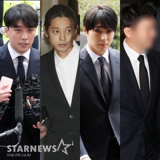 (왼쪽부터) 승리, 정준영, 최종훈, 유리홀딩스 유인석 대표 /사진=스타뉴스, 뉴스1